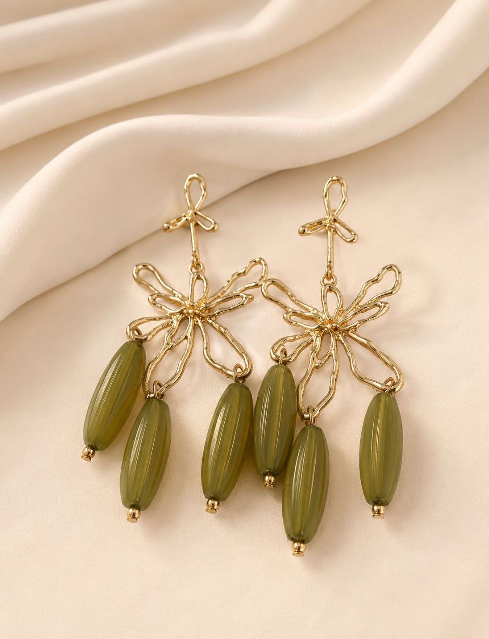 Olive Green Floral Gold Drop Earrings